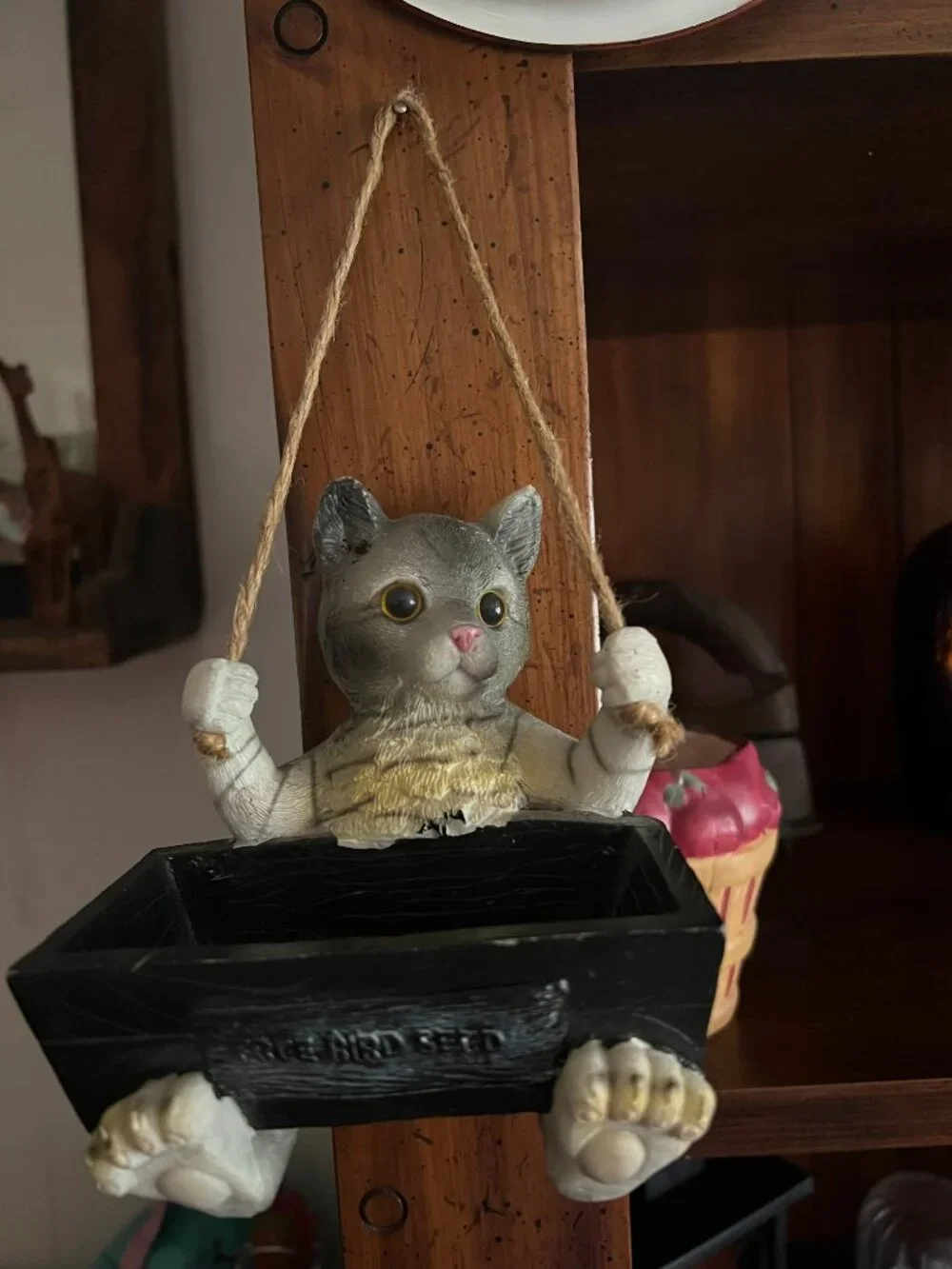 Vintage Gray Cat Birdfeeder Hanging or Shelf resin figurine 1990s